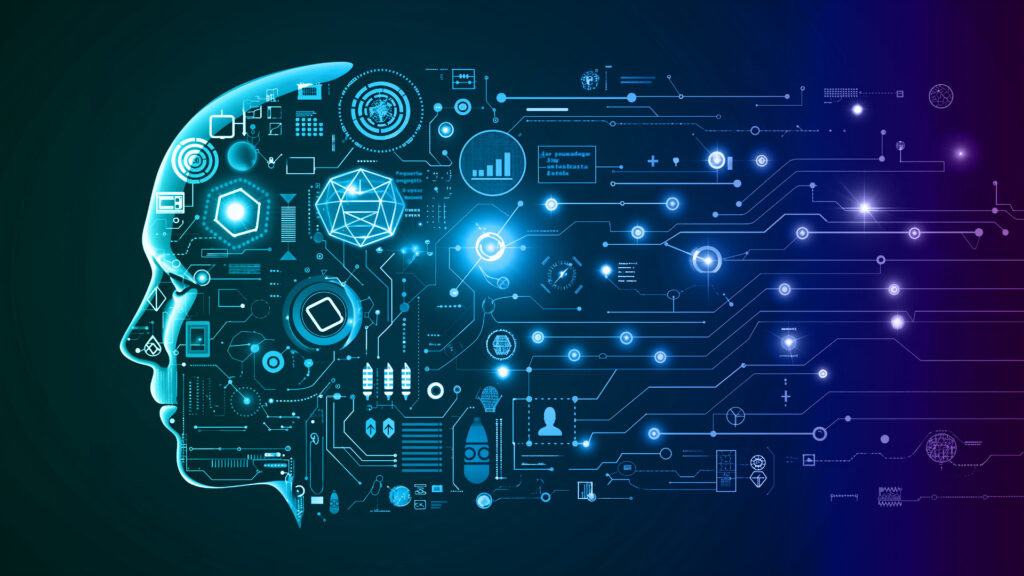 LLM Silhouette eines Kopfes, das KI darstellen soll. Der Hinterkopf löst sich auch und es wird der Anschein erweckt, dass verschidene Icons, die die Funktionen von LLMs veranschaulichen, daraus heraus schweben, Die Darstellung ist technisch abstrakt.