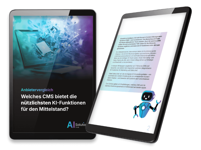 Bild des Whitepapers "Anbietervergleich: Welches CMS bietet die nützlichsten KI-Funktionen für den Mittelstand?" auf einem Tablet geöffnet.