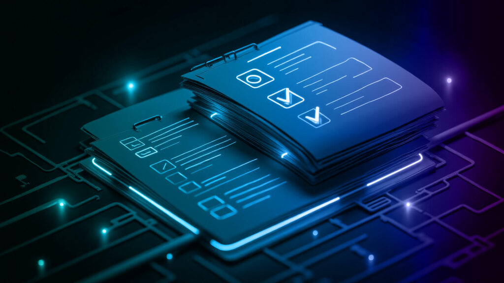 Datenmanagement mit KI-Tools: Von der Vorbereitung der Daten bis zur tiefgehenden Analyse. Dargestellt sind zwei Dokumente auf einem technisch angehauchtem Hintergrund, die Daten und KI darstellen sollen.