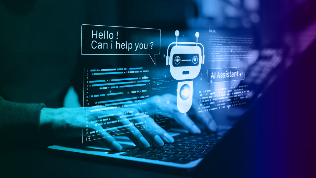 Bild eines KI Bots, der beim Programmieren einer Website oder App hilft. Das Bild soll die Unterstützung von KI bei Low-Code/No-Code verdeutlichen